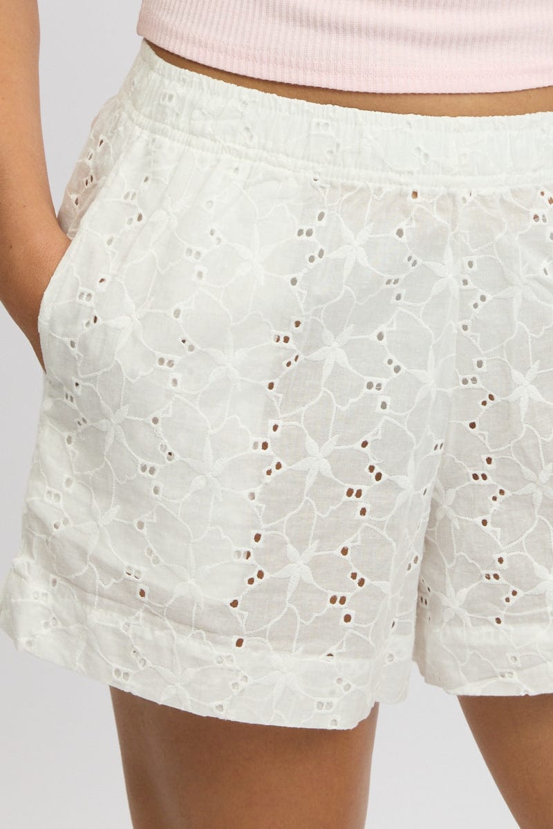 White Shorts Mid Rise Eyelet Fabric