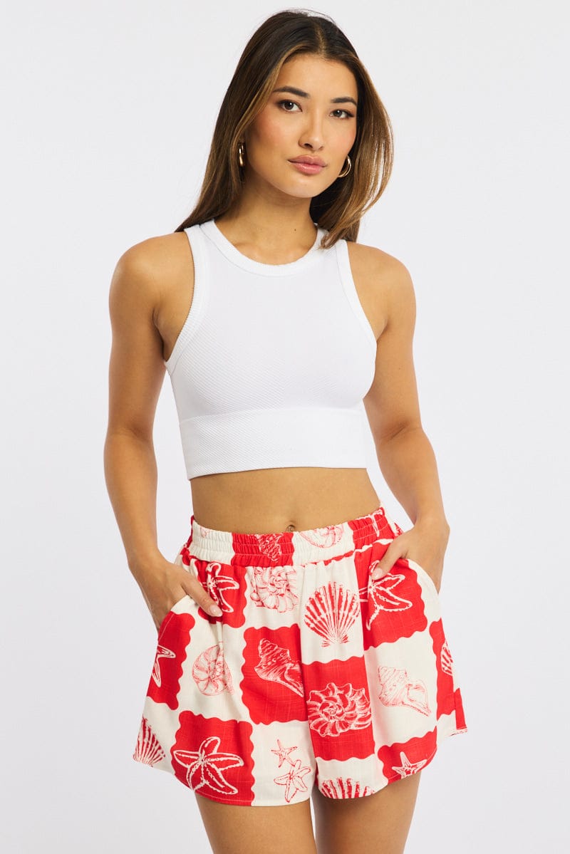 Red Abstract Shorts High Rise
