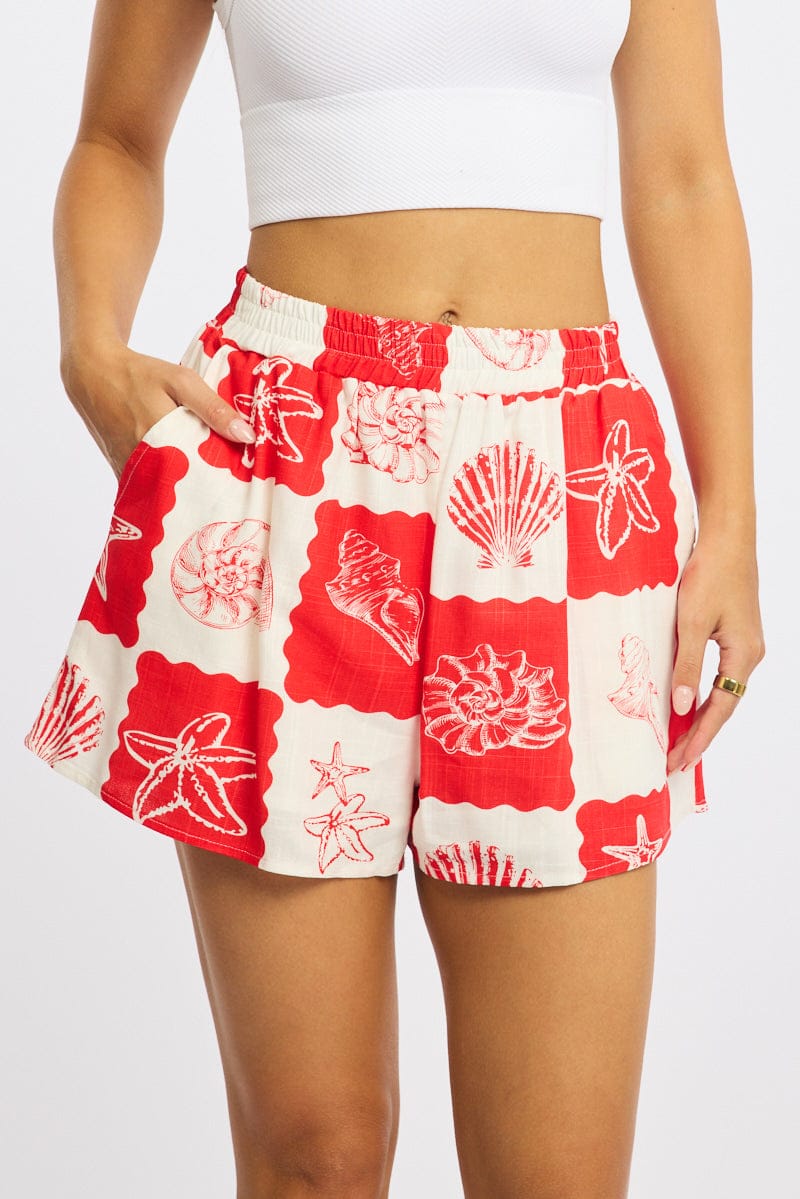 Red Abstract Shorts High Rise