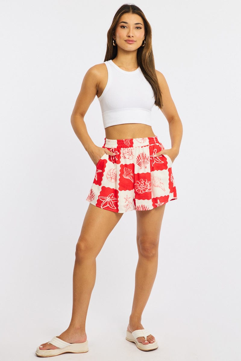 Red Abstract Shorts High Rise