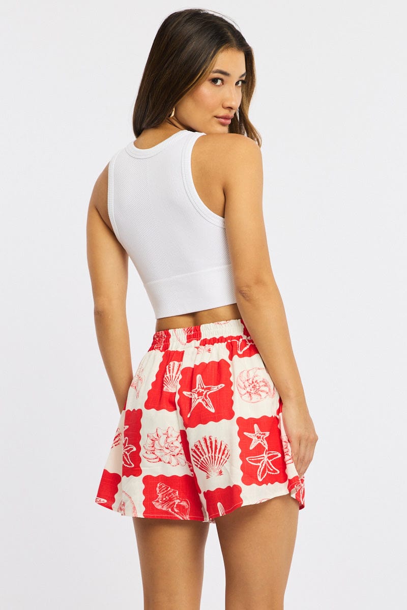 Red Abstract Shorts High Rise