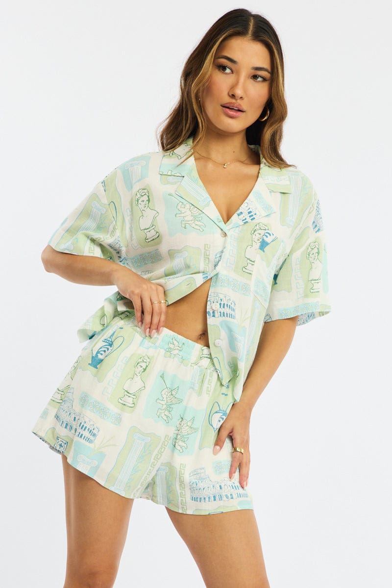Green Abstract Shorts High Rise