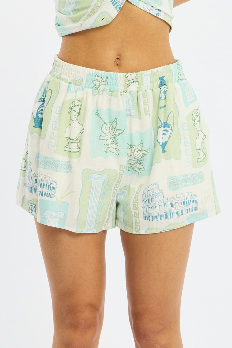 Green Abstract Shorts High Rise