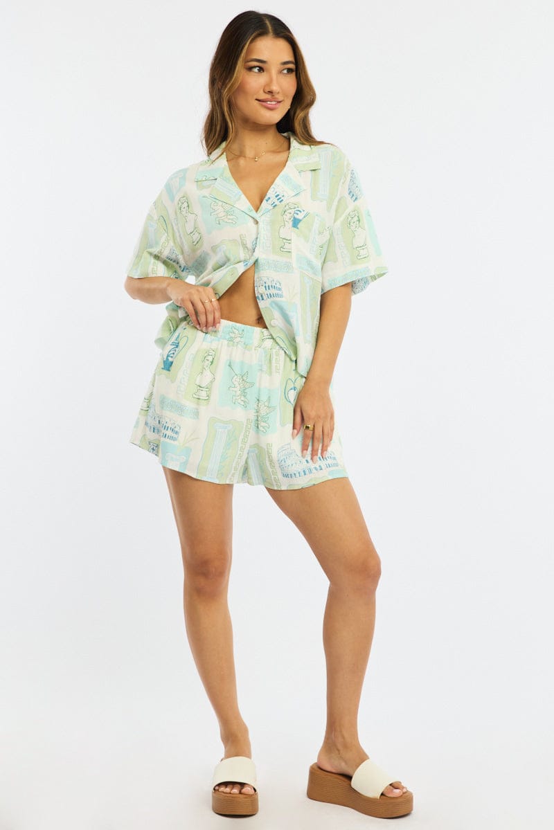 Green Abstract Shorts High Rise