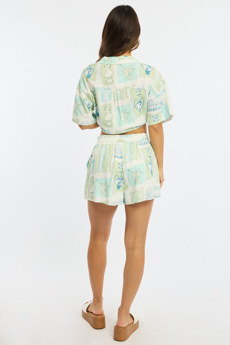 Green Abstract Shorts High Rise