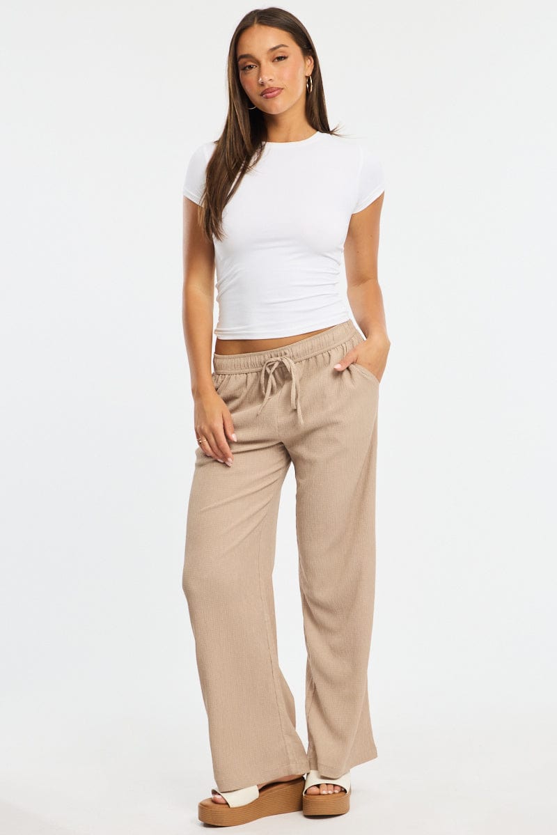 Beige Wide Leg Pants Elasticated Waist