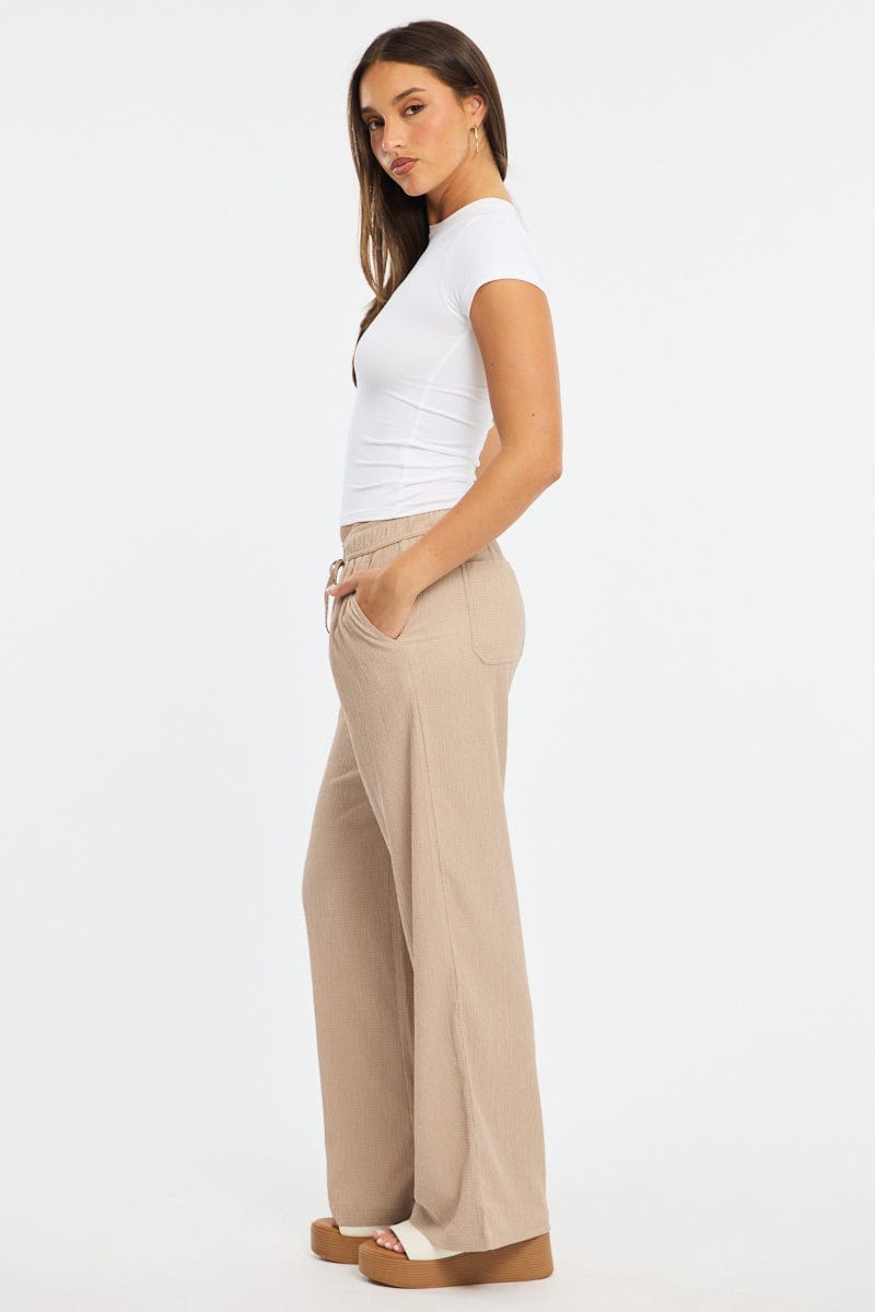 Beige Wide Leg Pants Elasticated Waist