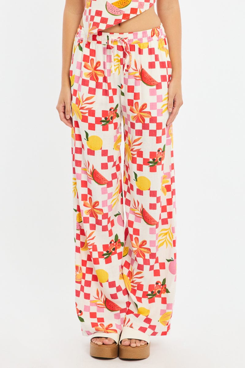 Red Abstract Wide Leg Pants Elasticated Waist