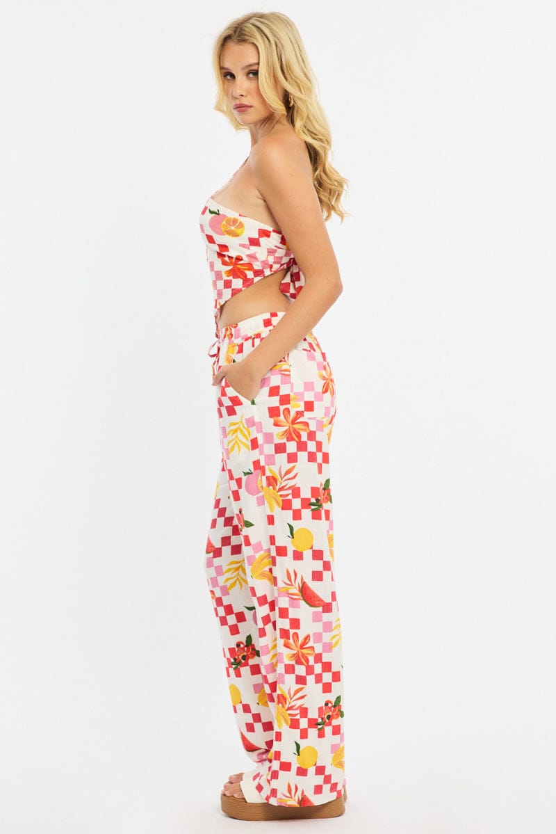 Red Abstract Wide Leg Pants Elasticated Waist