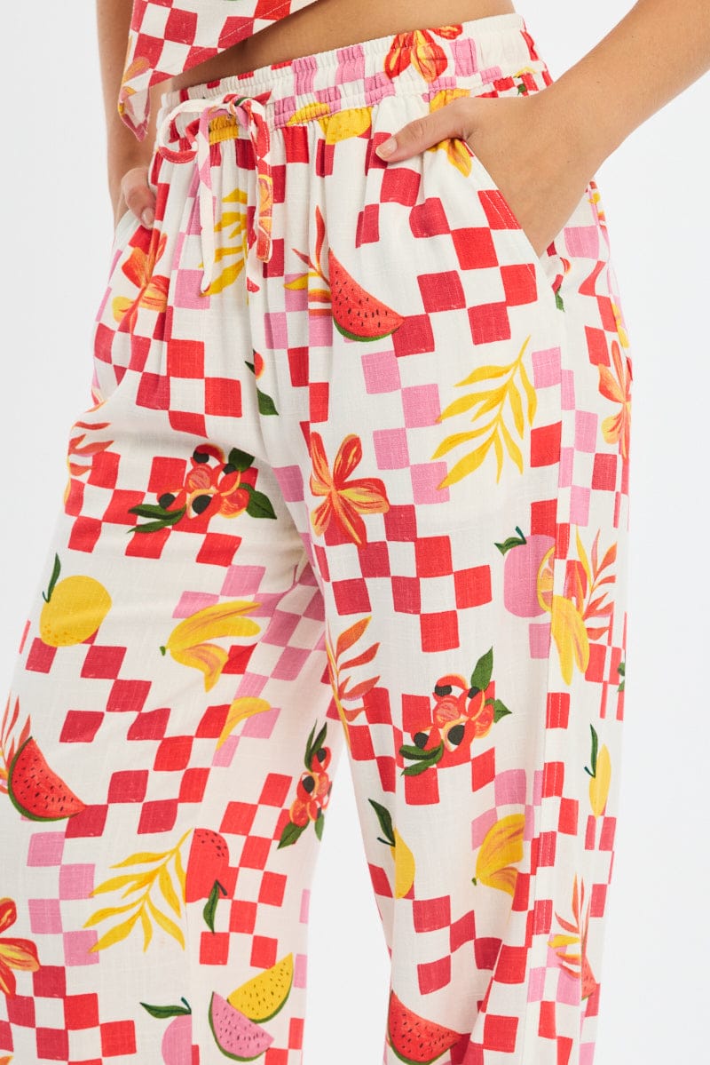 Red Abstract Wide Leg Pants Elasticated Waist