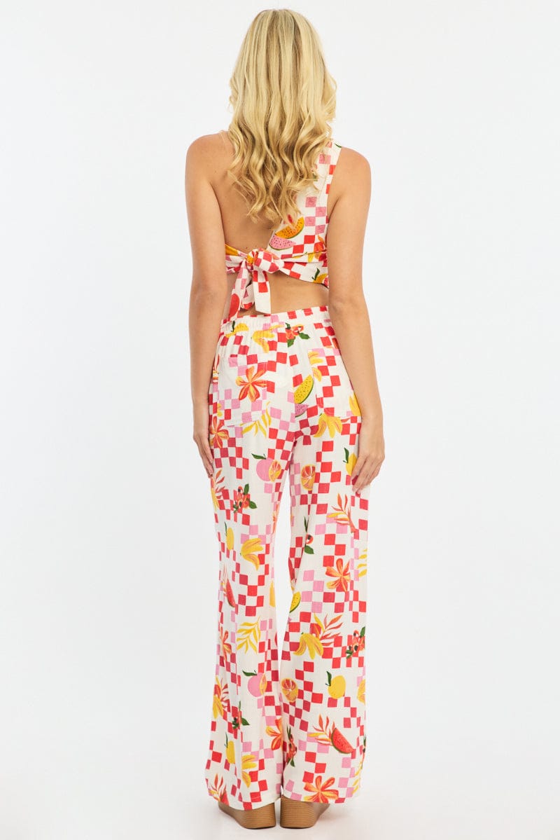 Red Abstract Wide Leg Pants Elasticated Waist