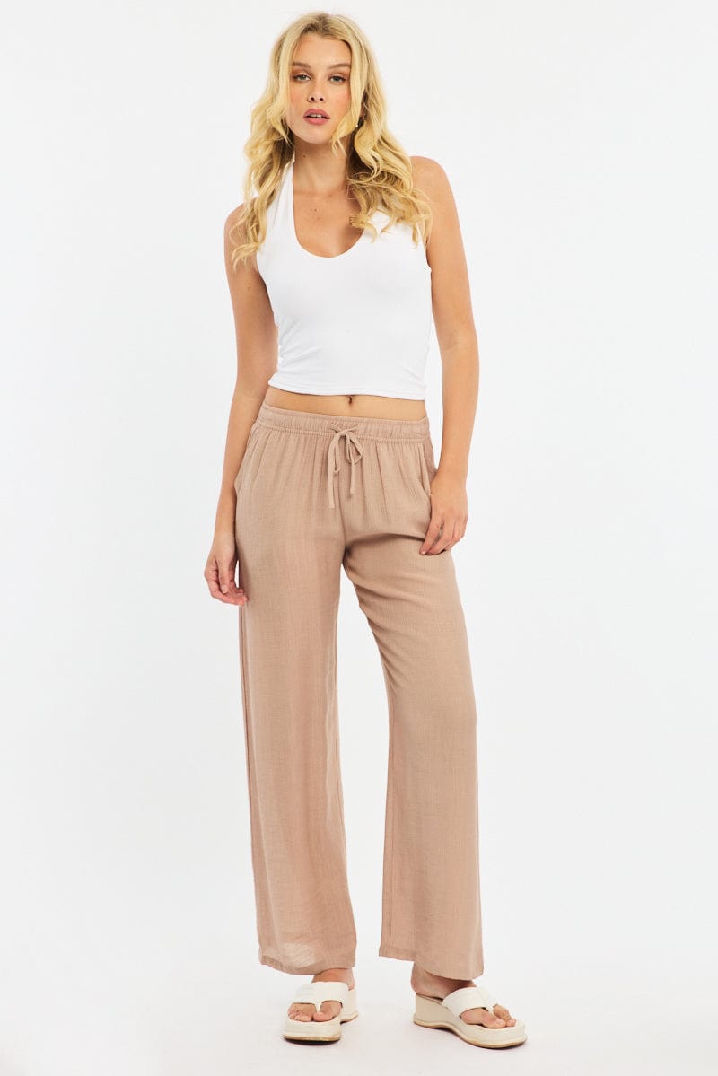 Beige Stripe Wide Leg Pants Elasticated Waist