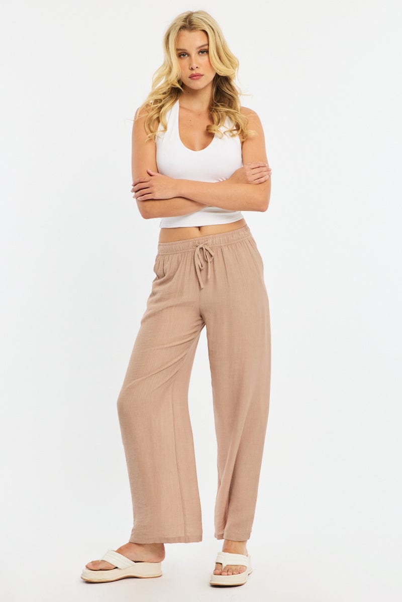 Beige Stripe Wide Leg Pants Elasticated Waist