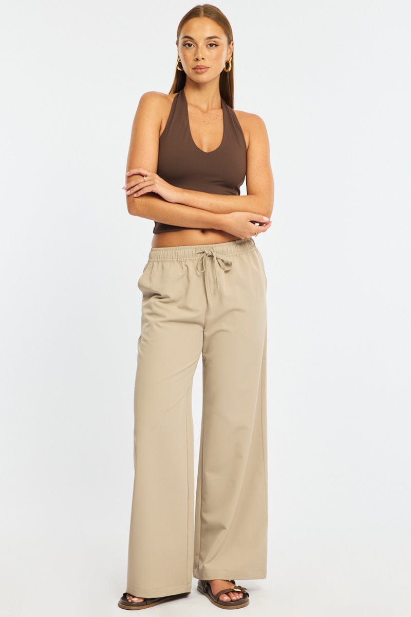 Beige Wide Leg Pants Elasticated Waist
