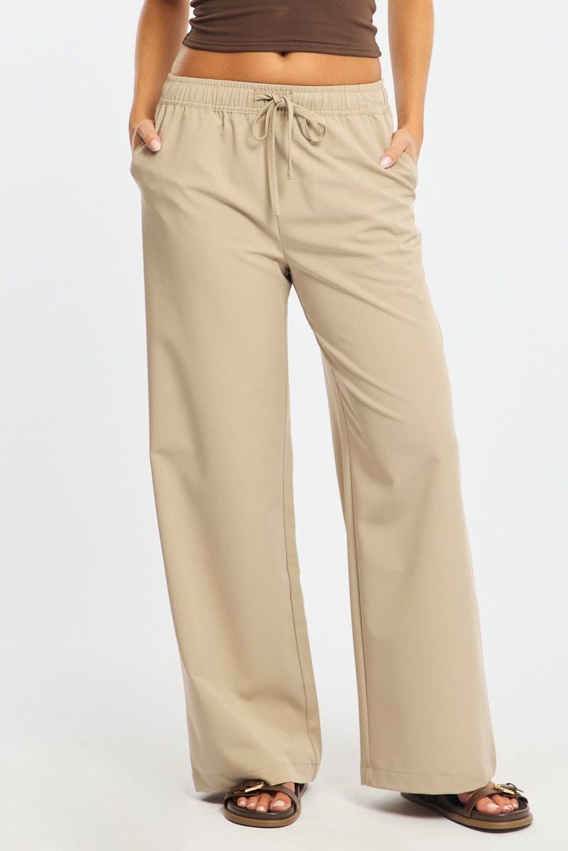Beige Wide Leg Pants Elasticated Waist