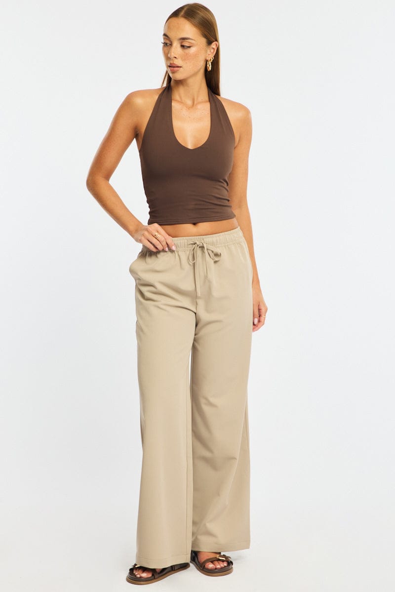 Beige Wide Leg Pants Elasticated Waist