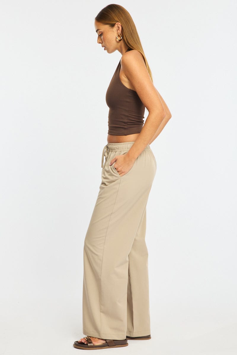 Beige Wide Leg Pants Elasticated Waist