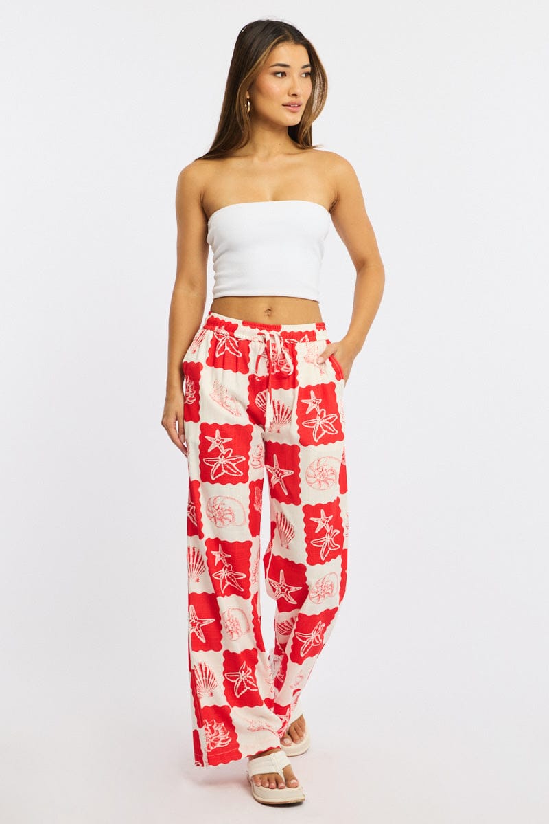 Red Abstract Wide Leg Pants Elasticated Waist