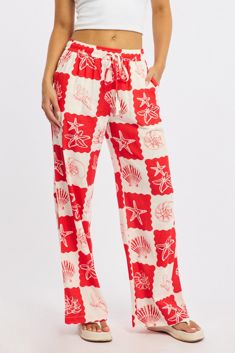 Red Abstract Wide Leg Pants Elasticated Waist