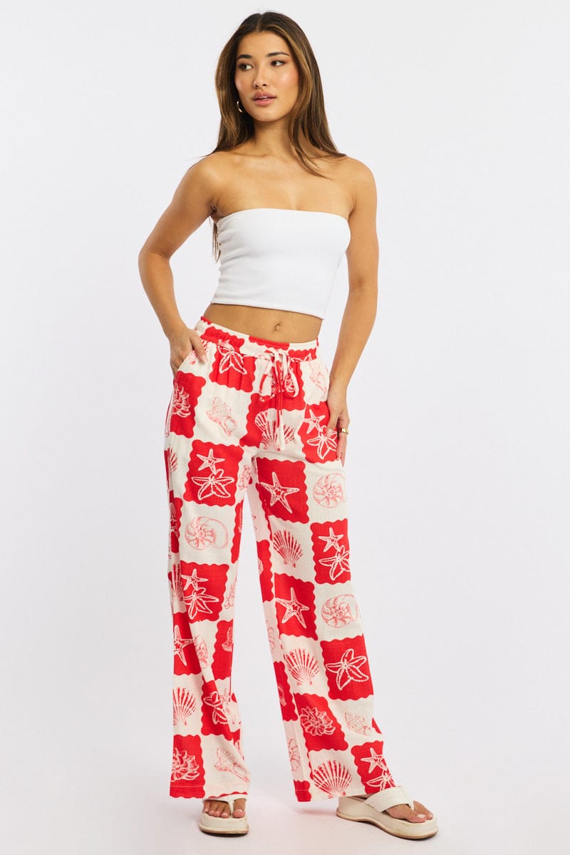 Red Abstract Wide Leg Pants Elasticated Waist
