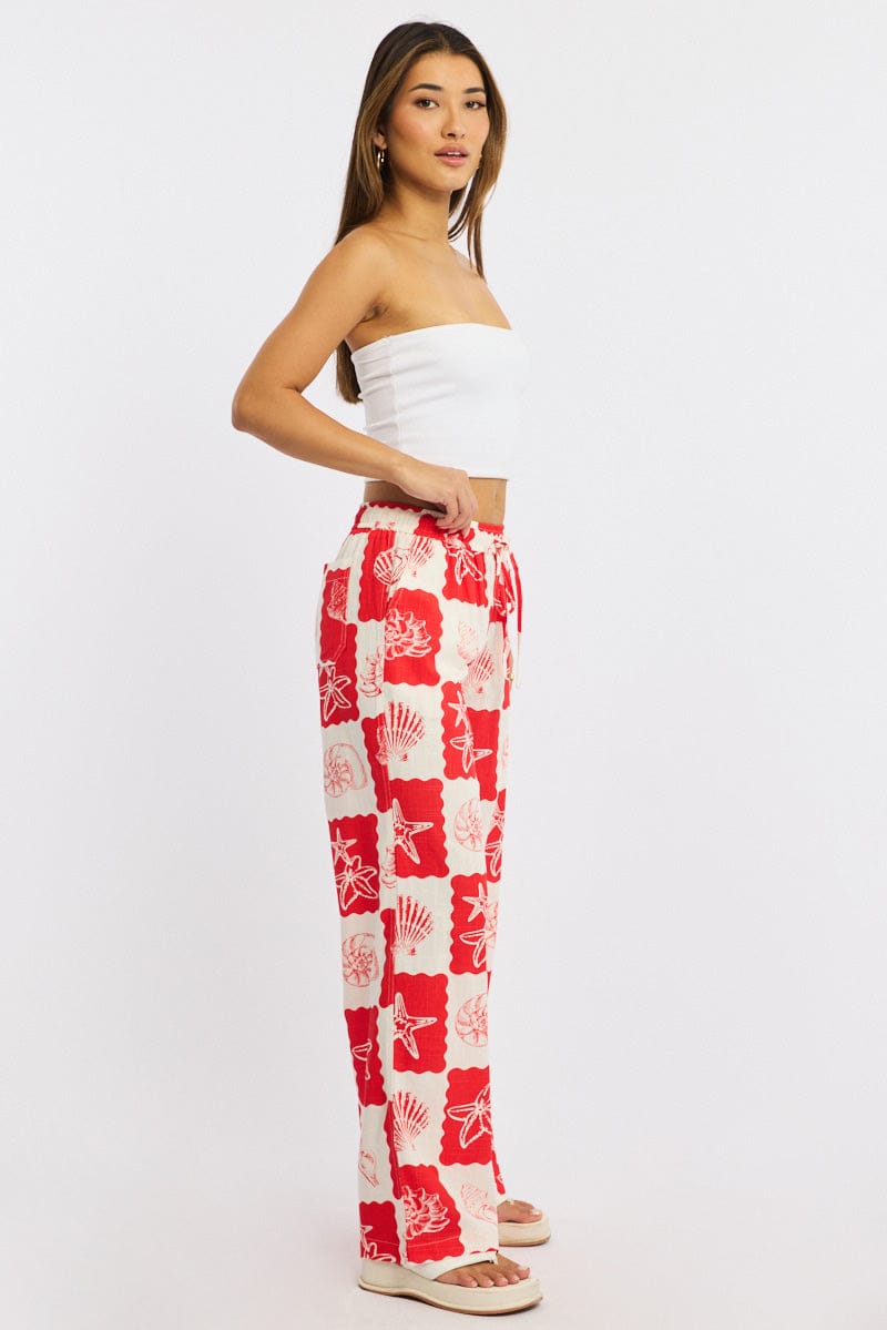 Red Abstract Wide Leg Pants Elasticated Waist