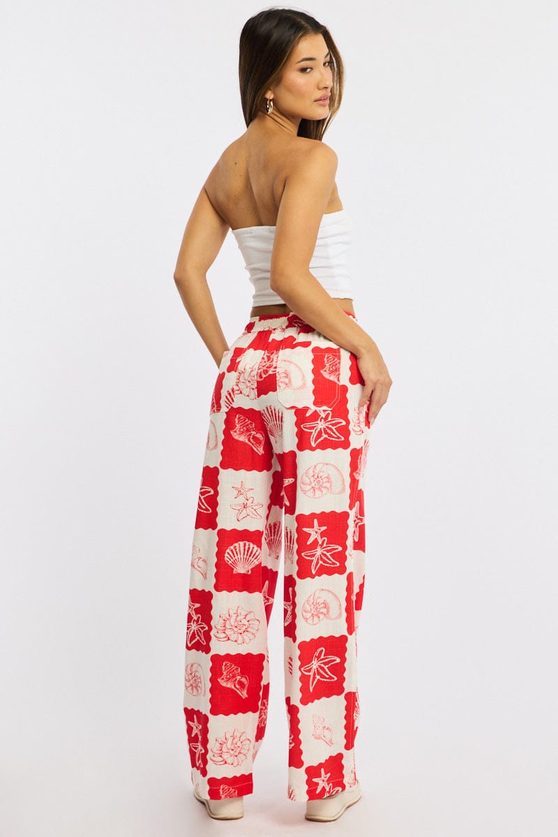 Red Abstract Wide Leg Pants Elasticated Waist