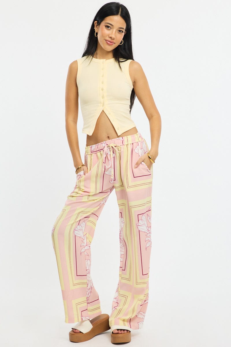 Pink Floral Wide Leg Pants Elasticated Waist