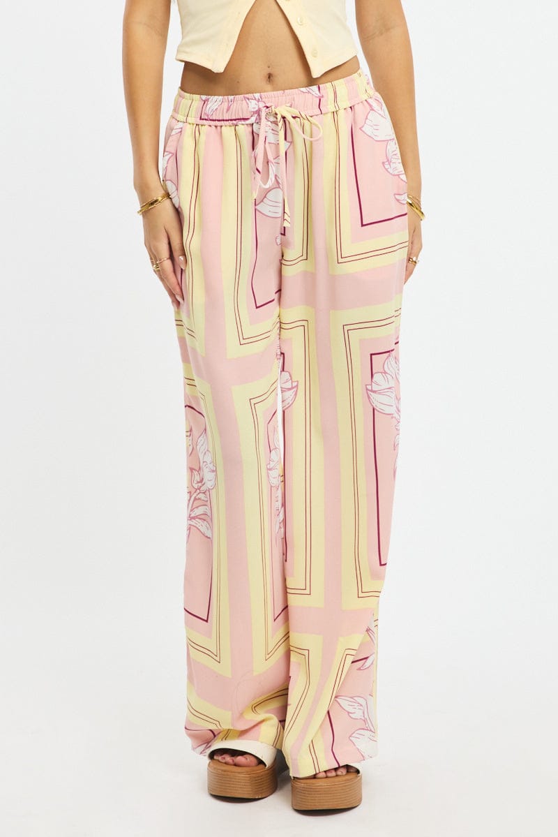 Pink Floral Wide Leg Pants Elasticated Waist