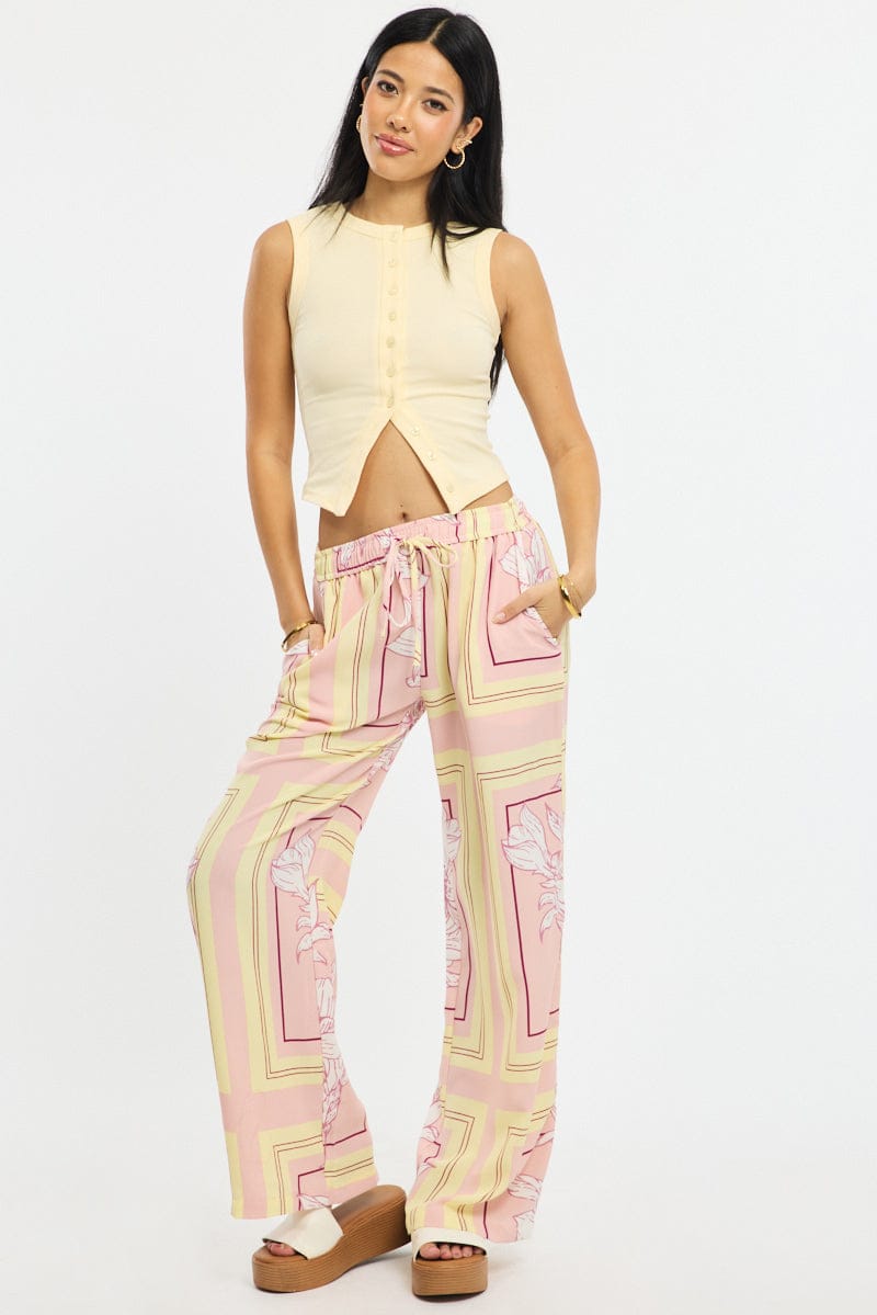 Pink Floral Wide Leg Pants Elasticated Waist