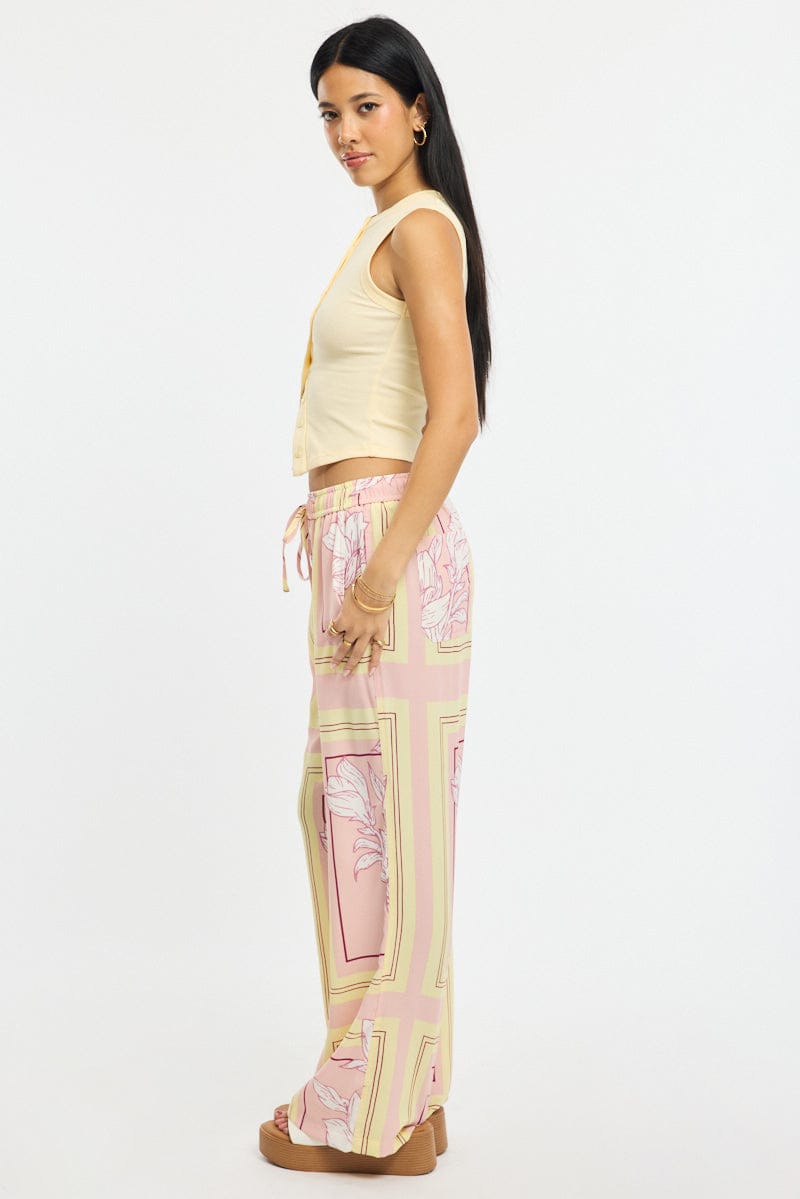Pink Floral Wide Leg Pants Elasticated Waist