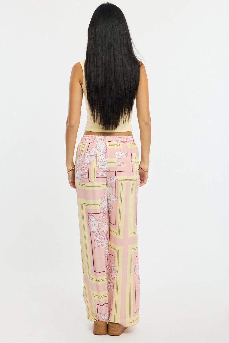 Pink Floral Wide Leg Pants Elasticated Waist
