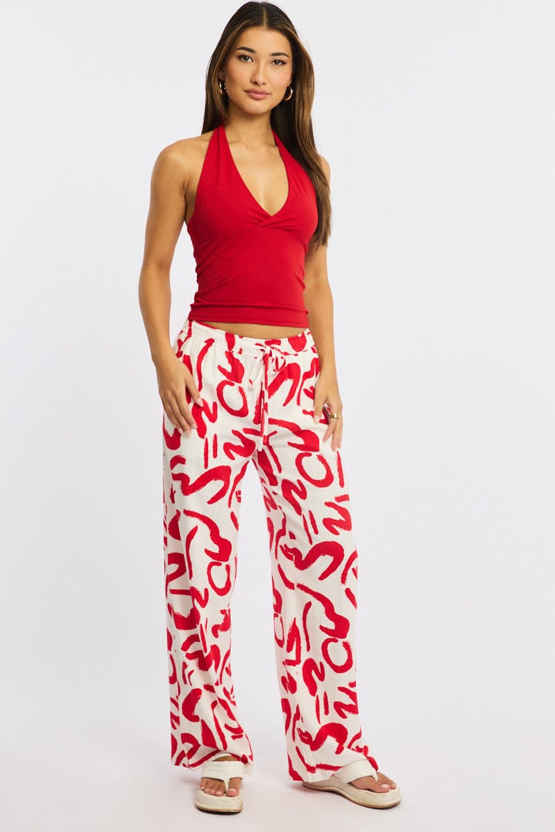 Red Abstract Wide Leg Pants Elasticated Waist