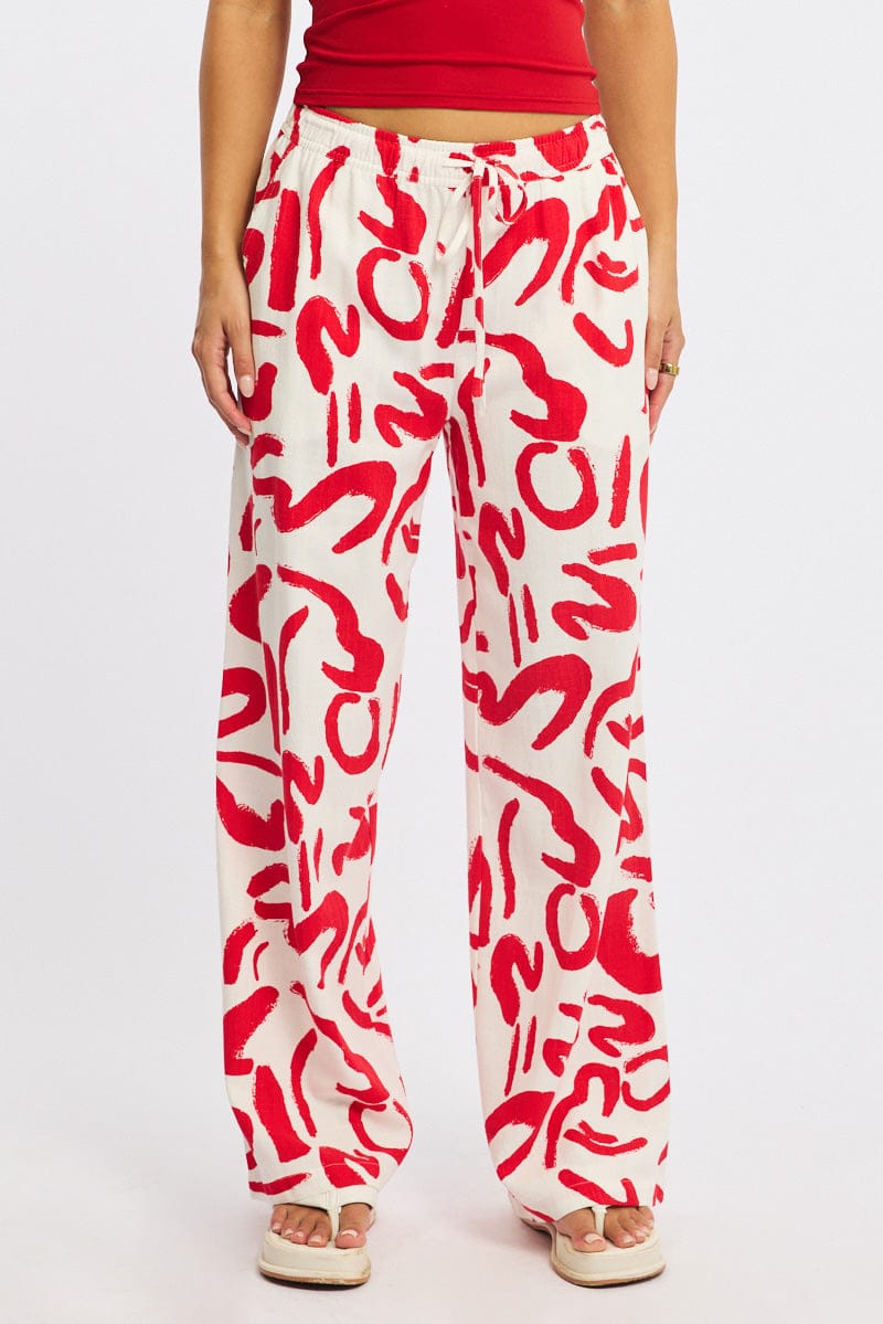 Red Abstract Wide Leg Pants Elasticated Waist