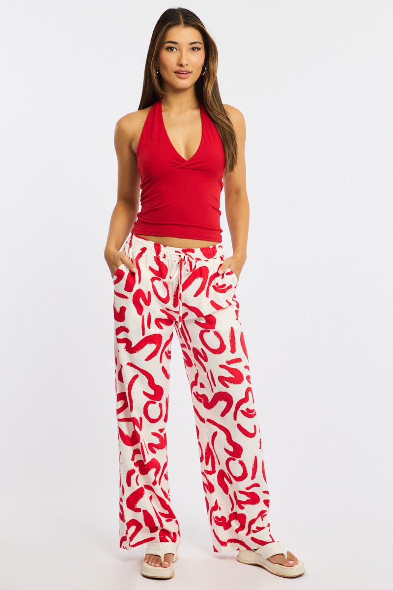 Red Abstract Wide Leg Pants Elasticated Waist