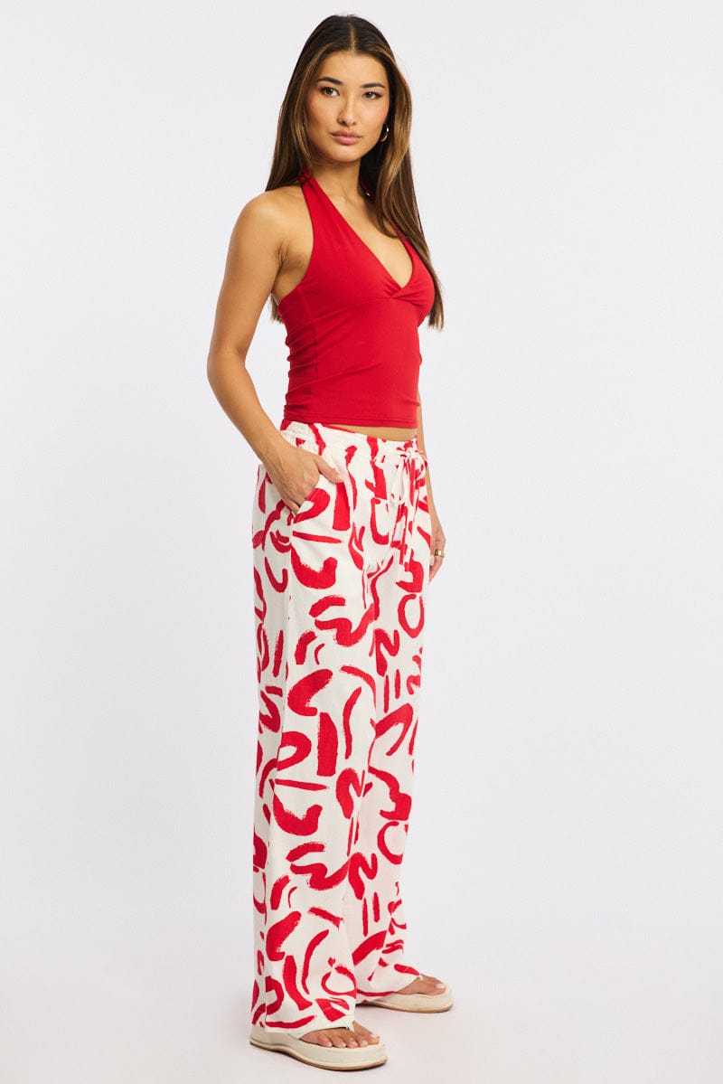 Red Abstract Wide Leg Pants Elasticated Waist