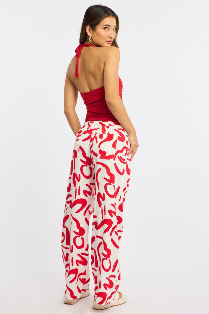 Red Abstract Wide Leg Pants Elasticated Waist