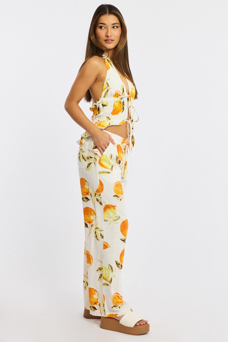 Orange Abstract Wide Leg Pants Elasticated Waist