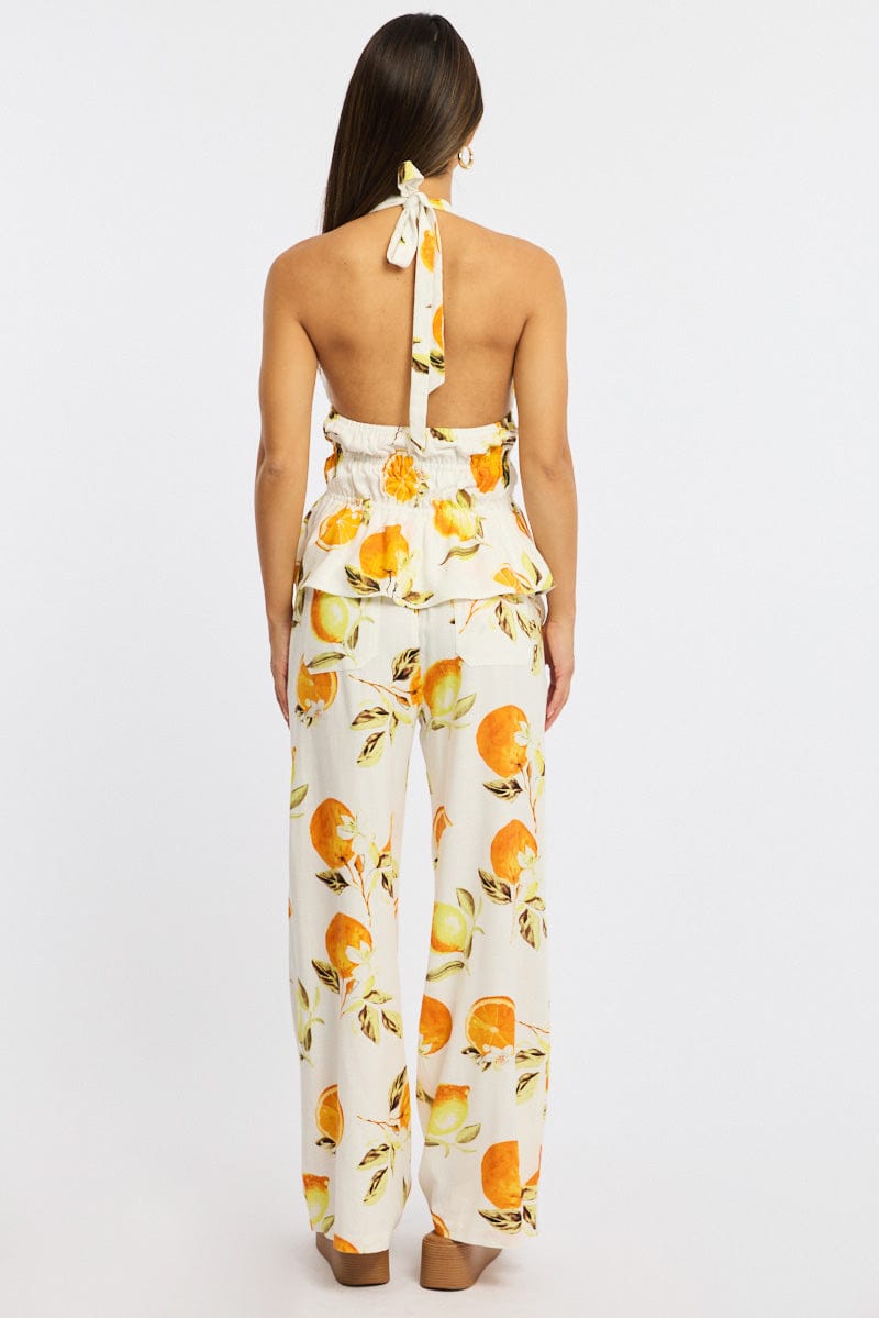 Orange Abstract Wide Leg Pants Elasticated Waist