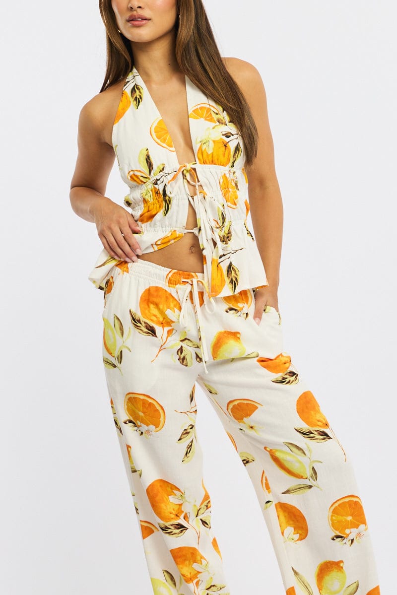Orange Abstract Wide Leg Pants Elasticated Waist