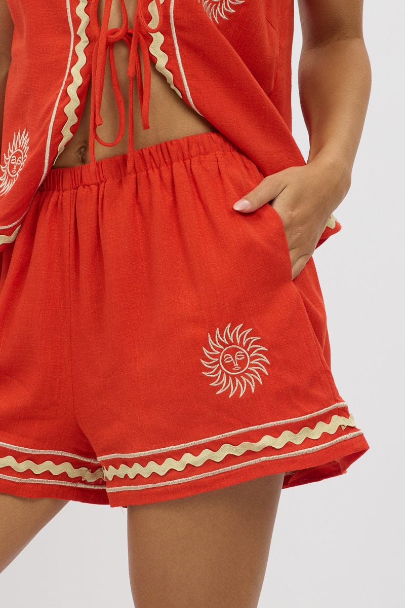 Red Shorts Elasticated Waist Embroidery