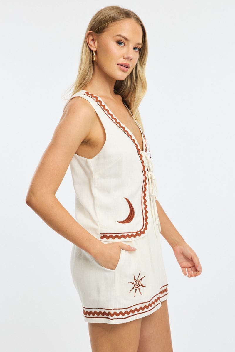 White Shorts Elasticated Waist Embroidery