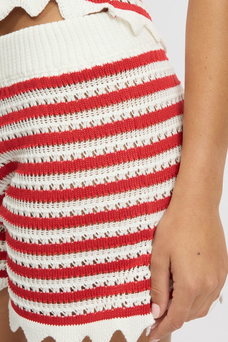 Red Stripe Knit Shorts Elasticated Waist
