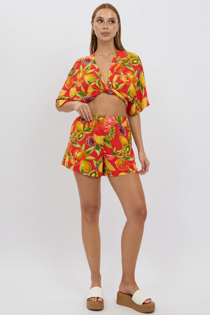 Red Abstract Relaxed Shorts High Rise