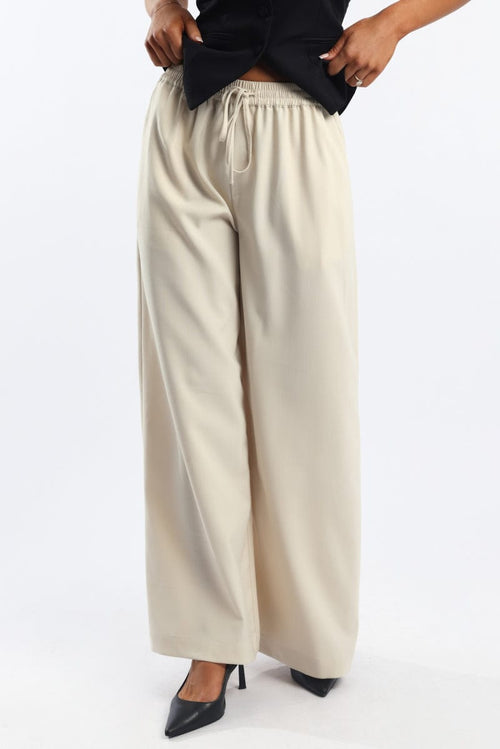 Beige Wide Leg Pants Elasticated Waist