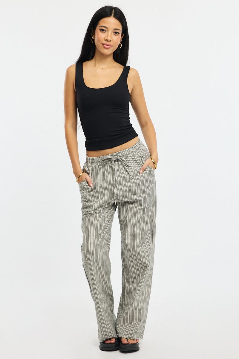 Black Stripe Wide Leg Pants Elasticated Waist