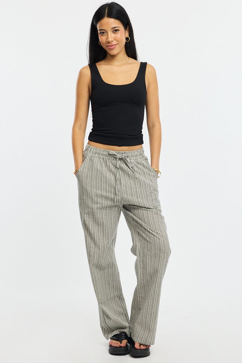 Black Stripe Wide Leg Pants Elasticated Waist
