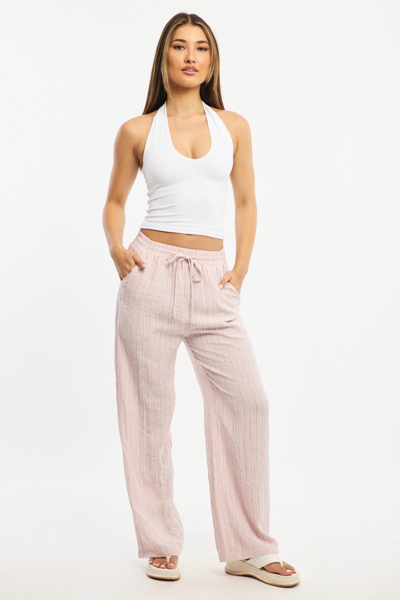 Pink Stripe Wide Leg Pants Elasticated Waist