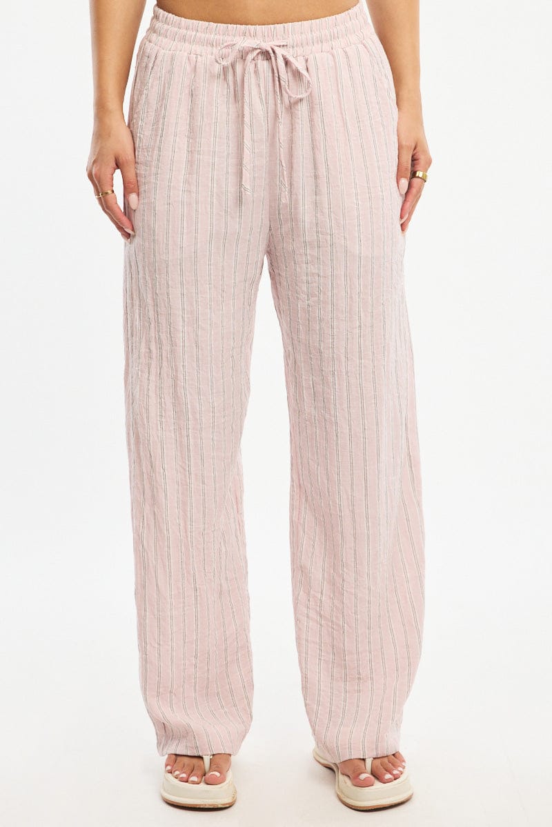 Pink Stripe Wide Leg Pants Elasticated Waist
