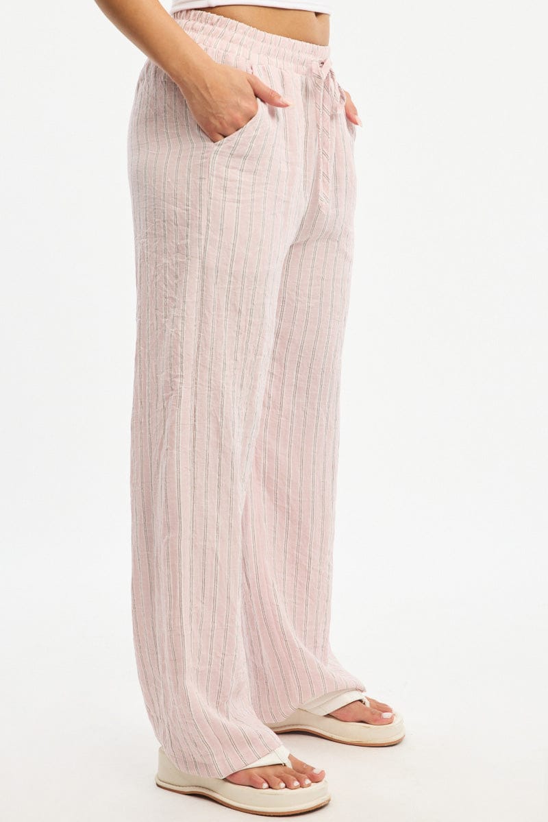 Pink Stripe Wide Leg Pants Elasticated Waist