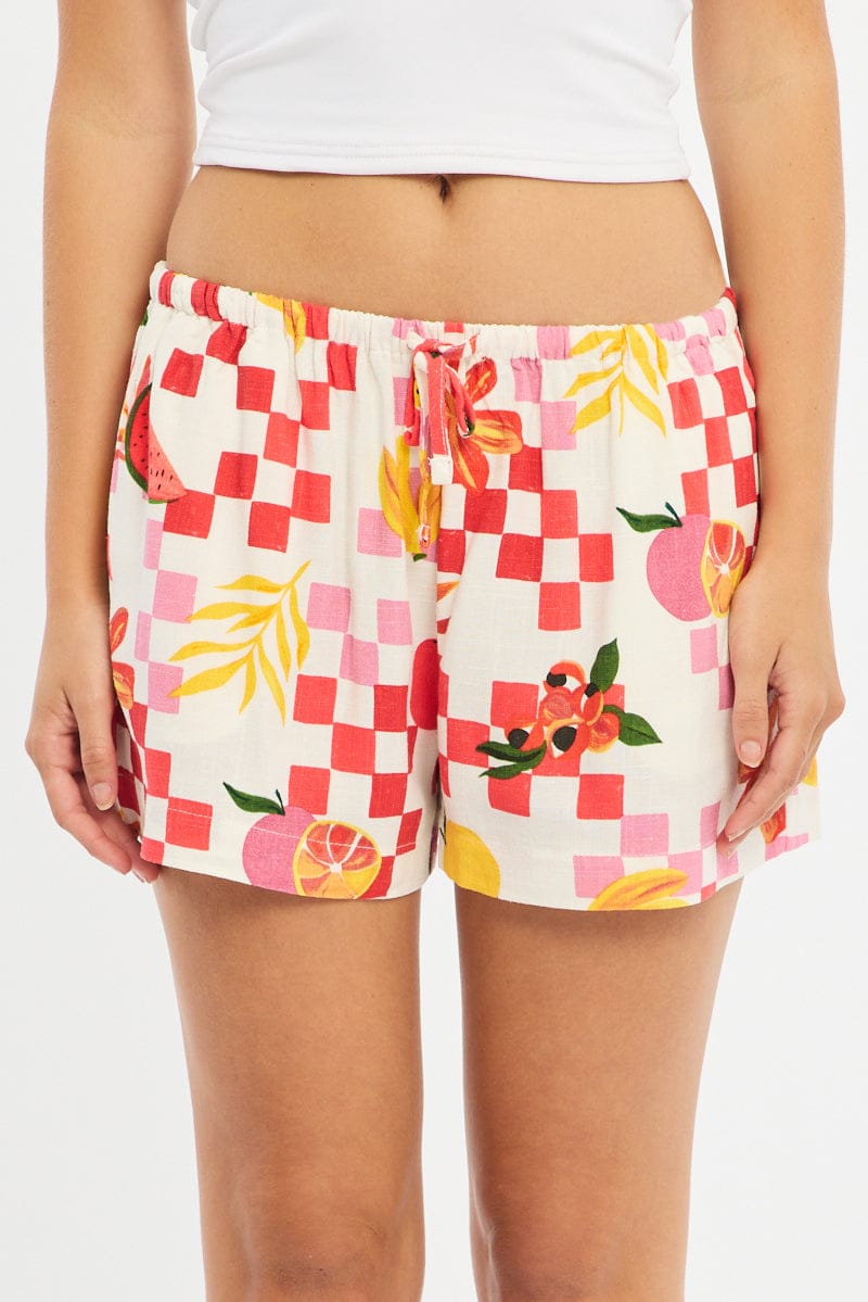 Red Abstract Shorts Mid Rise